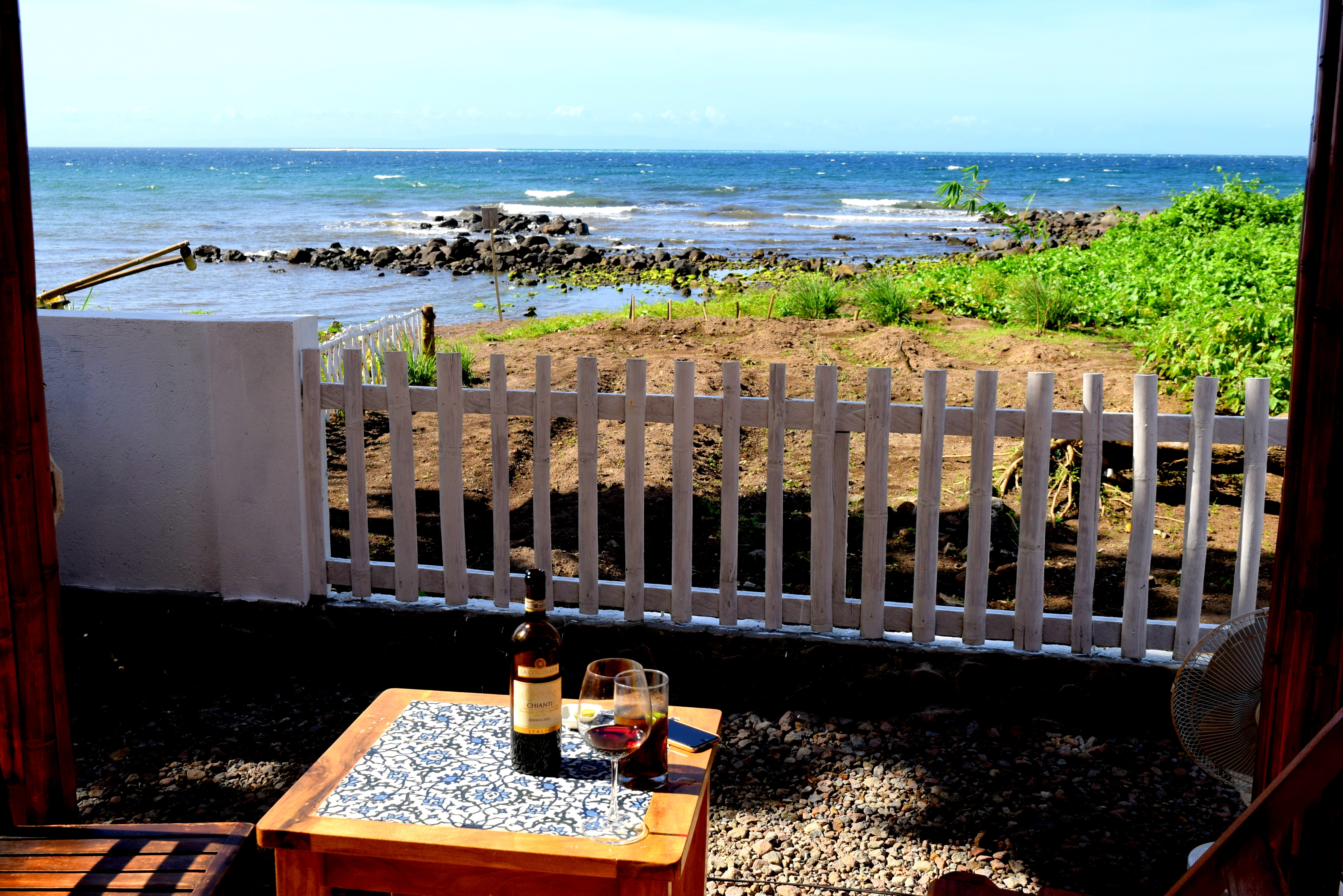 Your patio at the Guerrera beach villa. White island is just on the horizon and the fisherman park right next to your white picket fence.