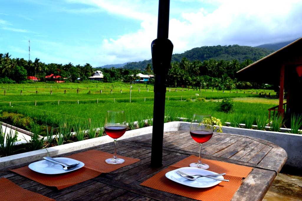 View of the rice paddies from the dining table on top of the beach villa
